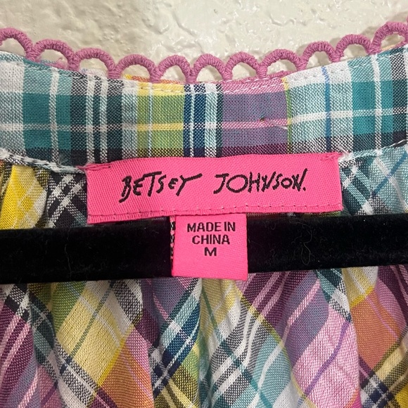 Betsey Johnson Pink Plaid Midi Dress Puff Sleeve Size M - Picture 5 of 15